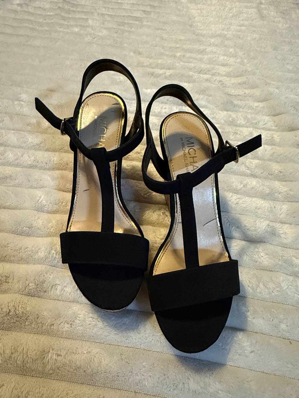 Michael Shannon Black T-Strap Dress Wedge Sandals, New